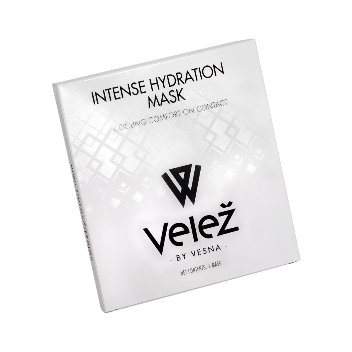 White box of Velez Intense Hydration Cellulose Face Mask by Velez, featuring a subtle geometric pattern and bold black text. Highlights Biotech Cellulose Mask technology for skin regeneration and the phrase Cooling Comfort on Contact.