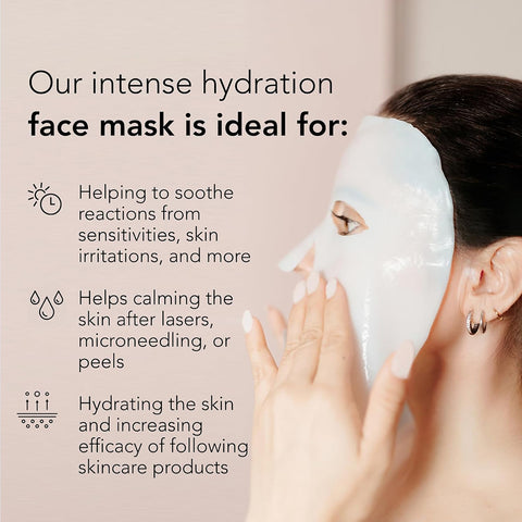 A person touches their Velez Intense Hydration Cellulose Face Mask in light blue while text alongside highlights its benefits: soothing skin reactions, calming post-treatment skin, and hydrating for enhanced skincare effectiveness and regeneration.