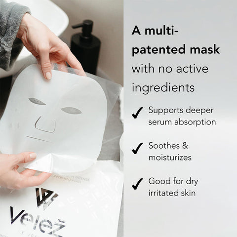 A person holds a Velez Intense Hydration Cellulose Face Mask with text: A multi-patented mask with no active ingredients. Supports deeper serum absorption, hydration, soothes & moisturizes. Promotes skin regeneration for dry, irritated skin. A product packet is visible below the mask.