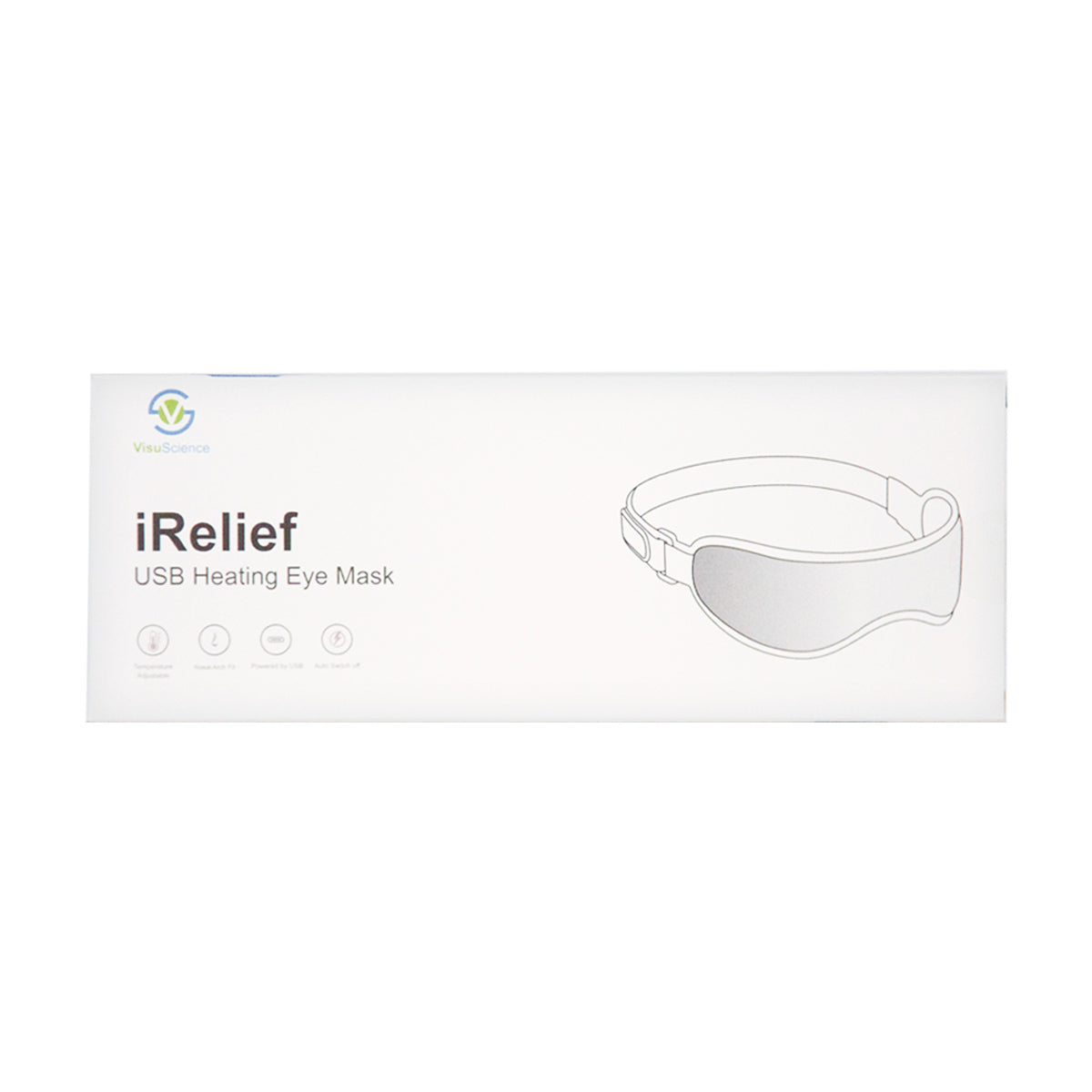 The VisuScience I-Relief USB Eye Heat Mask box is white, featuring a line drawing of the mask on the right and I-Relief USB Eye Heat Mask text on the left. It provides eye fatigue relief with an adjustable nose bridge, including a removable insert for comfort.