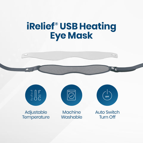 A promotional image for the VisuScience I-Relief USB Eye Heat Mask, showcasing its gray smart design. It has adjustable straps and a nose bridge for a custom fit. Three icons highlight features: Adjustable Temperature, Machine Washable, and Auto Switch Turn Off for soothing eye fatigue relief.