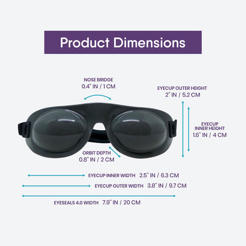 The EyeEco Eyeseals 4.0 Hydrating Sleep Mask by EyeEco is shown from the front with labeled measurements. Ideal for CPAP users, these hypoallergenic, latex-free sleep shields offer nighttime moisture retention and dry eye protection.
