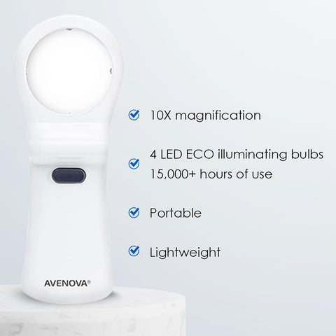 The i-Chek Illuminated Self Eye Examination Mirror (Single) by I-Chek is a white handheld magnifying device with 10X magnification and LED Eco lighting. It features 4 LED ECO illuminating bulbs with 15,000+ hours of use and is portable and lightweight, ideal for eyelid hygiene.