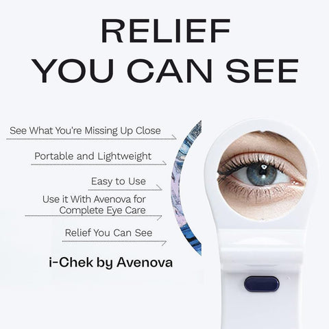 An ad for the i-Chek Illuminated Self Eye Examination Mirror (Single) by I-Chek features an eye magnified 10X in a handheld device. Slogans such as Relief You Can See, Portable and Lightweight, Easy to Use, and Complete Eye Care are highlighted. The white hygiene device has a blue button.