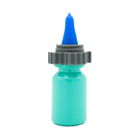 A rounded turquoise bottle with a gray and blue dropper cap, featuring the Nanodropper Eye Drop Extender Adaptor by Nanodropper. This FDA-listed product reduces drops by 60% for less waste and easier application. The cap has a ring grip and pointed blue tip against a plain white backdrop.