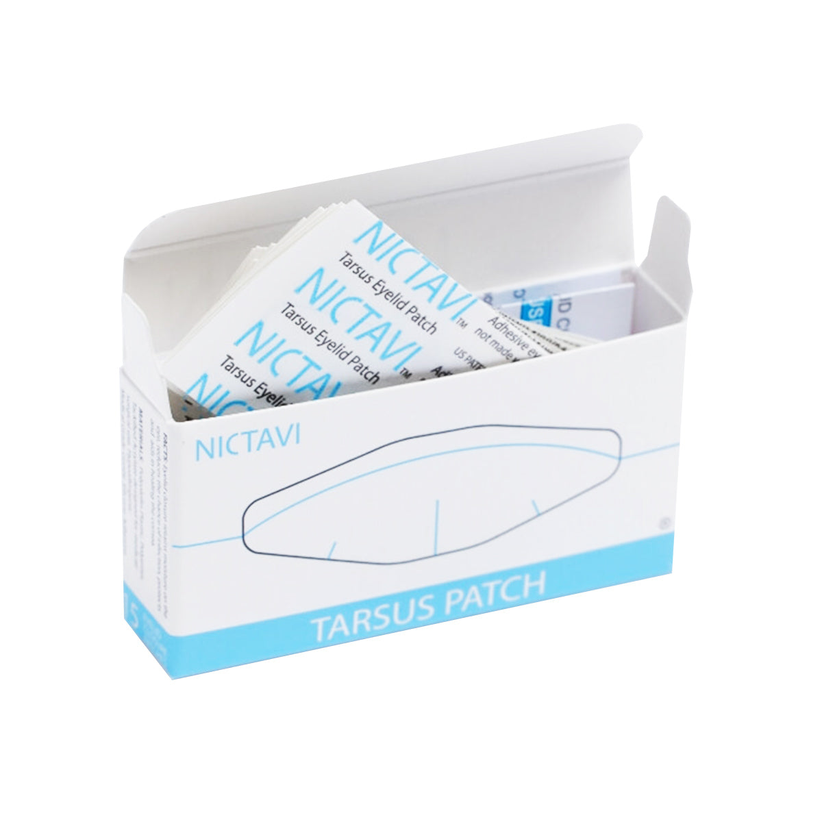 An open box of Nictavi Disposable Devices for Nighttime Eyelid Closure (15ct) reveals individually wrapped patches. The mostly white packaging with blue accents features a simple eye patch drawing, ensuring corneal protection and dry eye relief.