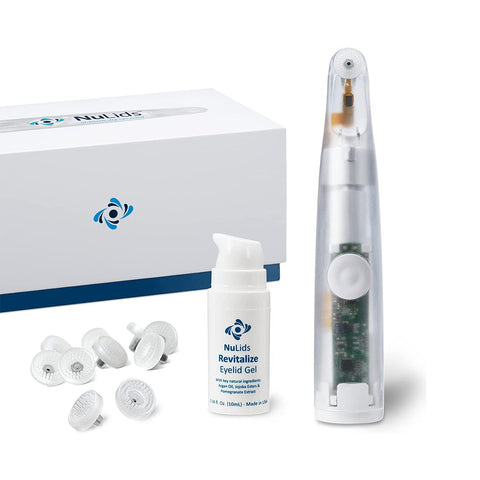 The NuLids All Natural At-home Eye Treatment by Nusight Medical includes a white electronic applicator, 30 disposable tips, and a small bottle of Revitalize Eyelid Gel—perfect for advanced dry eye treatment.