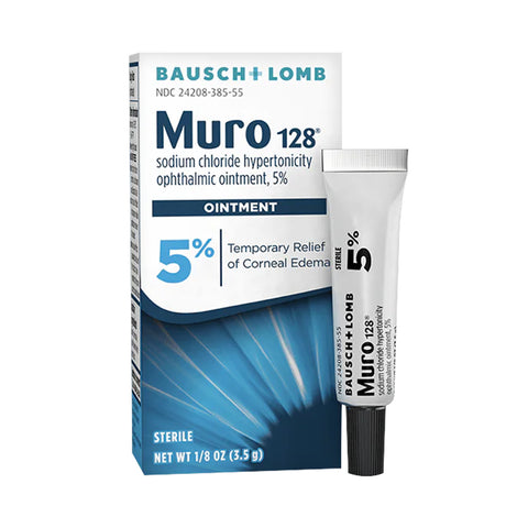 The image displays a tube of Bausch + Lombs Muro 128, a 5% sodium chloride ophthalmic ointment (1/8 Fl Oz, 3.5 g), with its box. Labeled for temporary relief of corneal edema, it offers targeted relief for the eyes.