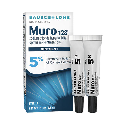 Image of Bausch + Lombs Muro 128, a doctor-recommended 5% sodium chloride ophthalmic solution, offers temporary relief from corneal edema. The package contains two 1/8 oz (3.5 g) tubes for effective relief.