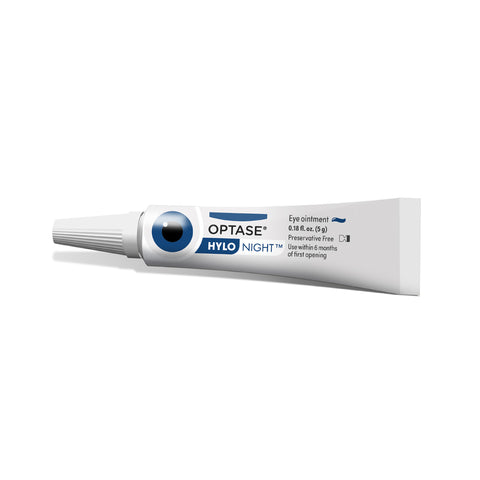 The Optase Hylo Night Ointment (5g Tube) features preservative-free ocular lubrication in a white twist-cap tube with a blue and white logo. Offering protective film benefits, this relief for night-time dry eyes lasts up to 300 uses and should be used within six months of opening.