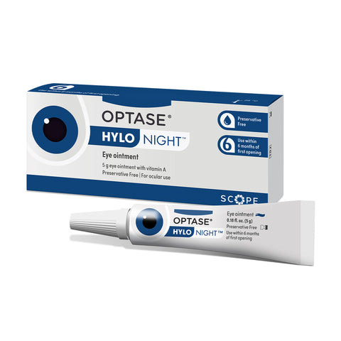 A 5g tube of Optase Hylo Night Ointment is shown in blue and white packaging, featuring preservative-free vitamin A for ocular lubrication and night-time dry eye relief, usable for 6 months after opening.