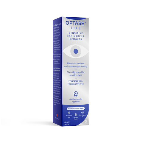 Optase Life Sensitive Eye Makeup Remover Preservative Free, HA and Manuka (100mL) in blue and white packaging features waterproof makeup removal. Its clinically tested for sensitive eyes, soothing, fragrance-free, and preservative-free.
