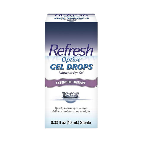 Image of Abbvies Refresh Optive® Gel Drops, a lubricant eye gel with HydroCell™ technology, offering Extended Therapy for dry eye relief and Quick, soothing coverage day or night. Contains 0.33 fl oz (10 mL) sterile solution.