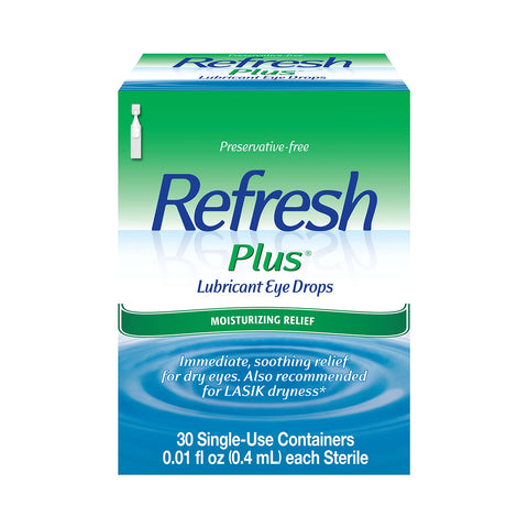 Abbvies Refresh Plus Lubricant Preservative Free Eye Drops offer moisturizing relief for dry eyes, ideal even post-LASIK. The box contains 30 single-use vials, each 0.01 fl oz, for convenient and effective relief whenever needed.