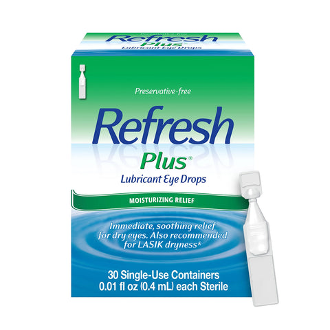 Refresh Plus Lubricant Preservative Free Eye Drops by Abbvie comes in a box of 30 single-use vials, offering moisturizing relief for dry eyes and post-LASIK dryness, ensuring optimal comfort and hydration.