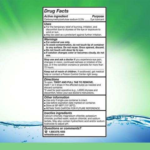 A green gradient background with water droplets displays a white box containing Drug Facts for Abbvies Refresh Plus Lubricant Preservative Free Eye Drops (30 vials). It lists the active ingredients, uses, warnings, directions, storage info, inactive ingredients, and a contact number for inquiries.