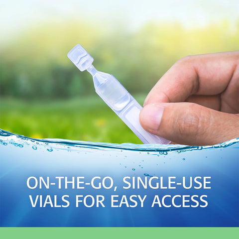 A hand holds a small single-use vial against a blurred natural background, featuring a water splash and the text Refresh Plus Lubricant Preservative Free Eye Drops by Abbvie in uppercase.