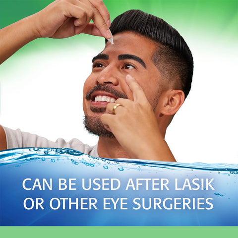 A person smiles while using Abbvies Refresh Plus Lubricant Preservative Free Eye Drops. They hold one eye open with their fingers against a green-to-white gradient background. A blue water-themed banner states, Suitable post-LASIK and other surgeries for effective dry eye relief.