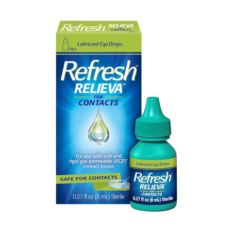 The Refresh Relieva for Contacts Lubricant Eye Drops by Abbvie come in an 8mL bottle, ideal for soft and rigid gas-permeable lenses. The blue and green packaging is designed for contact lens wearers and helps soothe digital eye strain.