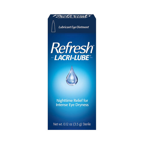 Image of the Refresh Lacri-Lube Lubricant Eye Ointment by Abbvie. The blue box displays a water droplet with text stating, Nighttime Relief for Severe Dry Eyes, and highlights Lubricant Eye Ointment with a net weight of 3.5g Sterile for nighttime protection against intense dryness.