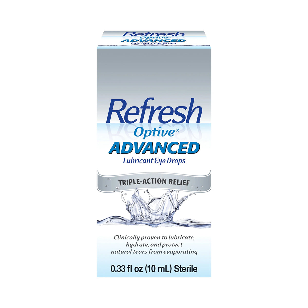 The Refresh Optive Advanced Eye Drops by Abbvie feature HydroCell Technology with Triple-Action Relief. Clinically proven to lubricate, hydrate, and protect, the 0.33 fl oz (10 mL) sterile bottle includes a droplet graphic on its packaging.