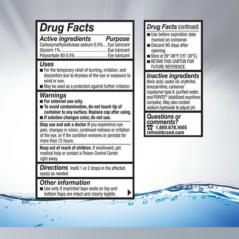 A blue-tinted image with water bubbles displays the drug facts label of Abbvies Refresh Optive Advanced Eye Drops (10 mL Bottle), highlighting its Triple-Action Relief formula, active ingredients, purpose, uses, warnings, and storage instructions featuring HydroCell Technology.