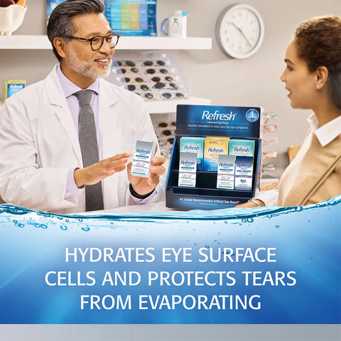 A bespectacled pharmacist presents a box of Refresh Optive Advanced Eye Drops (10 mL Bottle) by Abbvie to a woman. The backdrop showcases various Refresh products, with text highlighting their Triple-Action Relief and HydroCell Technology that hydrate eye surface cells and protect against tear evaporation.