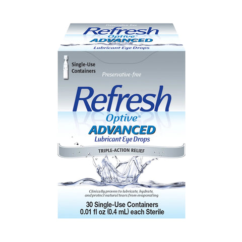 The showcased Refresh Optive® Advanced by Abbvie offers preservative-free, triple-action dry eye relief with 30 single-use vials, each containing 0.01 fl oz (0.4 mL).