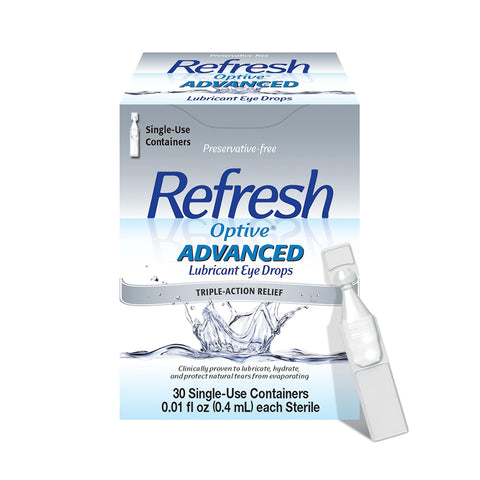 A box of Refresh Optive® Advanced Preservative-Free Lubricant Eye Drops by Abbvie includes 30 single-use vials for dry eye relief, featuring preservative-free packaging and triple-action relief. An individual vial is placed next to the box.