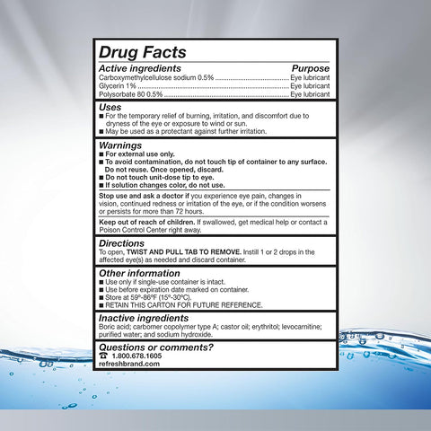 Close-up of the Refresh Optive® Advanced Preservative-Free Lubricant Eye Drops packaging by Abbvie, showing drug facts about active ingredients, uses, warnings, and directions. A splash of water underscores its hydrating properties and dry eye relief benefits. Contains 30 single-use vials.