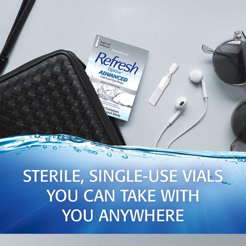 A package of Refresh Optive® Advanced Preservative-Free Lubricant Eye Drops by Abbvie sits on a table with accessories like a black pouch, earphones, sunglasses, and a water bottle. The text states they are STERILE, PRESERVATIVE-FREE SINGLE-USE VIALS YOU CAN TAKE ANYWHERE FOR DRY EYE RELIEF.