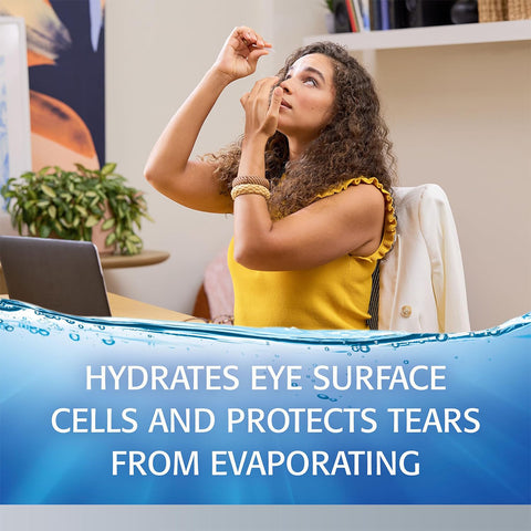 A woman in a yellow top uses Refresh Optive® Advanced Preservative-Free Lubricant Eye Drops from Abbvie at her desk with a laptop. Text on the image reads, Hydrates eye surface cells and protects tears from evaporating, with a water-themed border at the bottom.