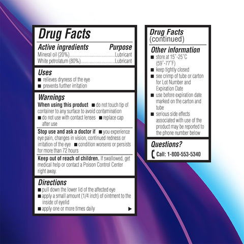 The Soothe Eye Ointment by Bausch & Lomb, a nighttime preservative-free ointment, lists active ingredients (mineral oil, white petrolatum), uses, warnings, directions, storage info, and an emergency contact against a blue-toned abstract background to combat severe dry eye.