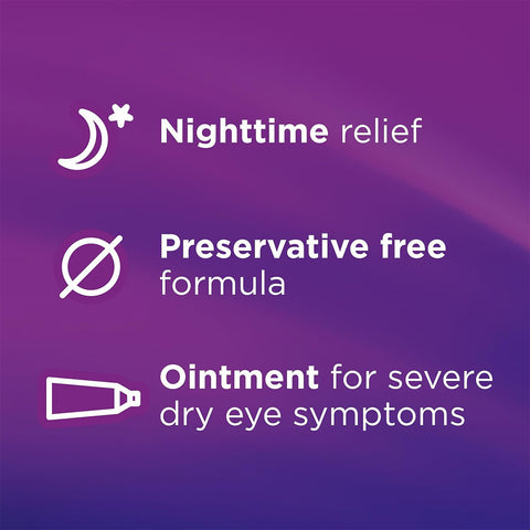 Purple background displays three white icons: a moon and star for Soothe Eye Ointment by Bausch & Lomb, a crossed-out circle for Preservative-Free Formula, and a tube symbolizing the Nighttime Ointment for Severe Dry Eye Symptoms.