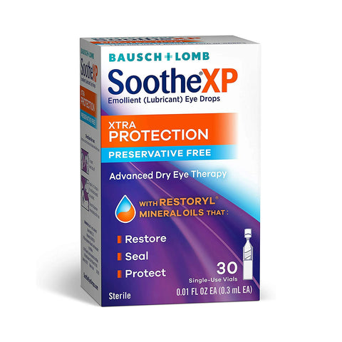 Relieve dry eyes with Bausch & Lomb Soothe XP Lubricant Eye Drops, Xtra Protection Formula. These preservative-free drops, enriched with Restoryl mineral oils, restore, seal, and protect your eyes in 30 single-use vials.