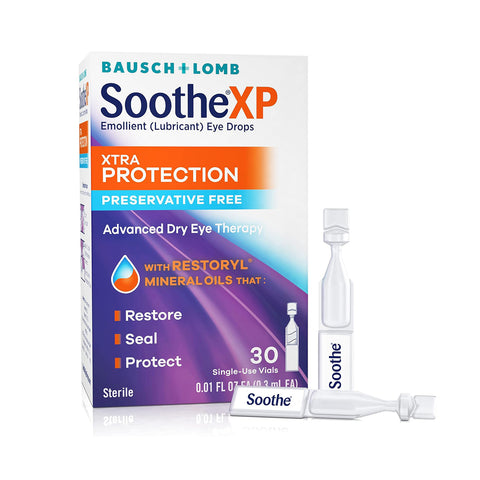 The Bausch & Lomb Soothe XP Lubricant Eye Drops, Xtra Protection Formula, contain Restoryl mineral oils to combat dry eyes. They restore, seal, and protect with 30 single-use vials in a mostly white box with purple and orange accents.
