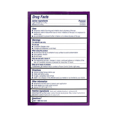The purple Drug Facts box offers a comprehensive guide on Bausch & Lomb Soothe XP Lubricant Eye Drops, Xtra Protection Formula. It details active ingredients, uses, warnings, and directions. A contact number is provided at the bottom for further assistance.