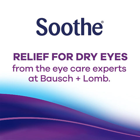 The image features Soothe at the top with the text Bausch & Lomb Soothe XP Lubricant Eye Drops, Xtra Protection Formula for dry eyes by Bausch + Lomb below. The background presents a tranquil gradient of blue to purple with soft, curving lines.