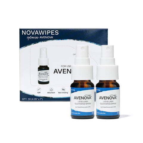 Two Avenova Hypochlorous Spray Solution bottles (20ml or 40ml, 2-Pack) stand in front of a blue and white Novawipes box, all labeled with the Avenova brand and product details.
