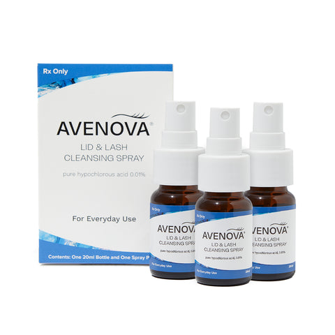 Three small brown bottles labeled Avenova OTC Antimicrobial Spray Solution 3 Pack (3 x 20mL) sit in front of a matching white and blue Avenova box, highlighting its eyelid care benefits and relief from blepharitis symptoms.