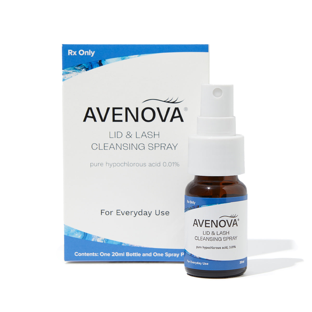 Avenova® Hypochlorous Spray Solution (20ml) by Avenova is shown in front of its box, featuring a label with 0.01% hypochlorous acid for daily lid and lash cleansing; the box also indicates Rx Only.