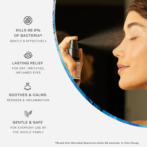 A person sprays mist near their closed eye, with text highlighting Avenova® Hypochlorous Spray Solution (20ml): kills 99.9% of bacteria, soothes redness and irritation, provides lasting relief, and is gentle for daily family use.