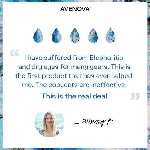 Testimonial for Avenova® Hypochlorous Spray Solution (20ml) by Avenova with blue marble droplets above text: I’ve had Blepharitis and dry eyes for years—this is the only product that works! The others don’t compare. This is authentic. Image of woman below.