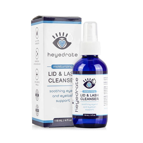 A blue Heyedrate Lid & Lash Cleanser (4 oz, 4 month supply) spray bottle stands before its matching box, designed for moisturizing, soothing, and dry eye relief.