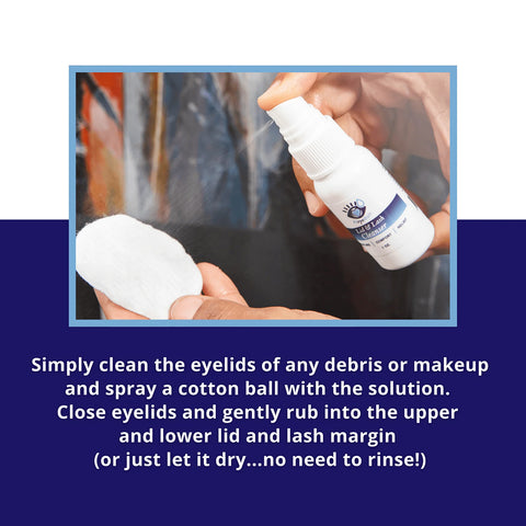 A hand sprays Heyedrate Lid & Lash Cleanser (2oz, 2 month supply) by Heyedrate from a white bottle onto a cotton pad. Text below gives instructions to clean eyelids with the solution by rubbing or letting it dry—no rinsing needed.