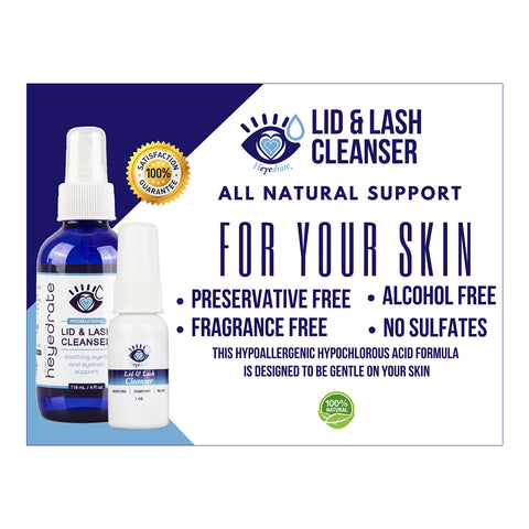 Two Heyedrate Lid & Lash Cleanser (2oz, 2 Month Supply) bottles by Heyedrate are shown on a blue and white background. This gentle, hypoallergenic cleanser with Hypochlorous Acid is preservative-free, fragrance-free, alcohol-free, and sulfate-free.
