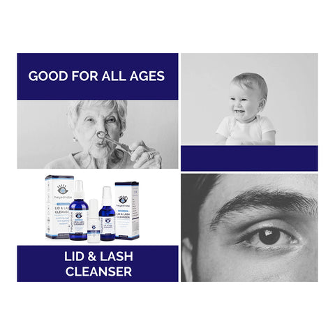 A collage shows an elderly woman, a smiling baby, a close-up of an adult eye, and three bottles of Heyedrate Lid & Lash Cleanser (2oz Bottle, 2 Month Supply). Text reads: GOOD FOR ALL AGES and LID & LASH CLEANSER by Heyedrate.