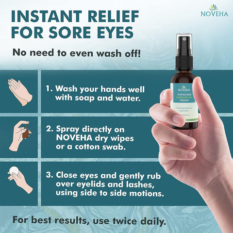 An infographic for Novehas Hypochlorous Acid Eyelid and Lash Cleanser (30mL) shows: 1. Wash hands with soap. 2. Spray on wipe/swab. 3. Rub over closed eyelids side-to-side twice daily for blepharitis relief with soothing hypochlorous acid.