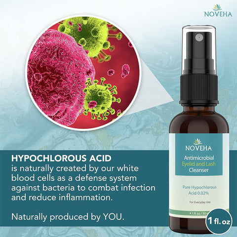 Beside a text detailing how hypochlorous acid aids in relieving blepharitis by fighting infection and reducing inflammation, the Noveha Hypochlorous Acid Eyelid and Lash Cleanser (30mL) is displayed, with a background close-up showing blood cells and bacteria.
