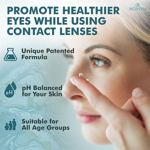 A person holding a contact lens near their eye. Text reads: Noveha Hypochlorous Acid Eyelid and Lash Cleanser (30mL) promotes healthier eyes with patented formula for blepharitis relief. pH balanced and suitable for all ages. A Noveha logo is in the top right corner.